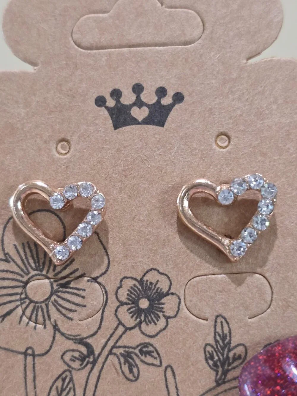 NOS Rose Gold Open HEART Rhinestone Accent Stud Pierced Earrings